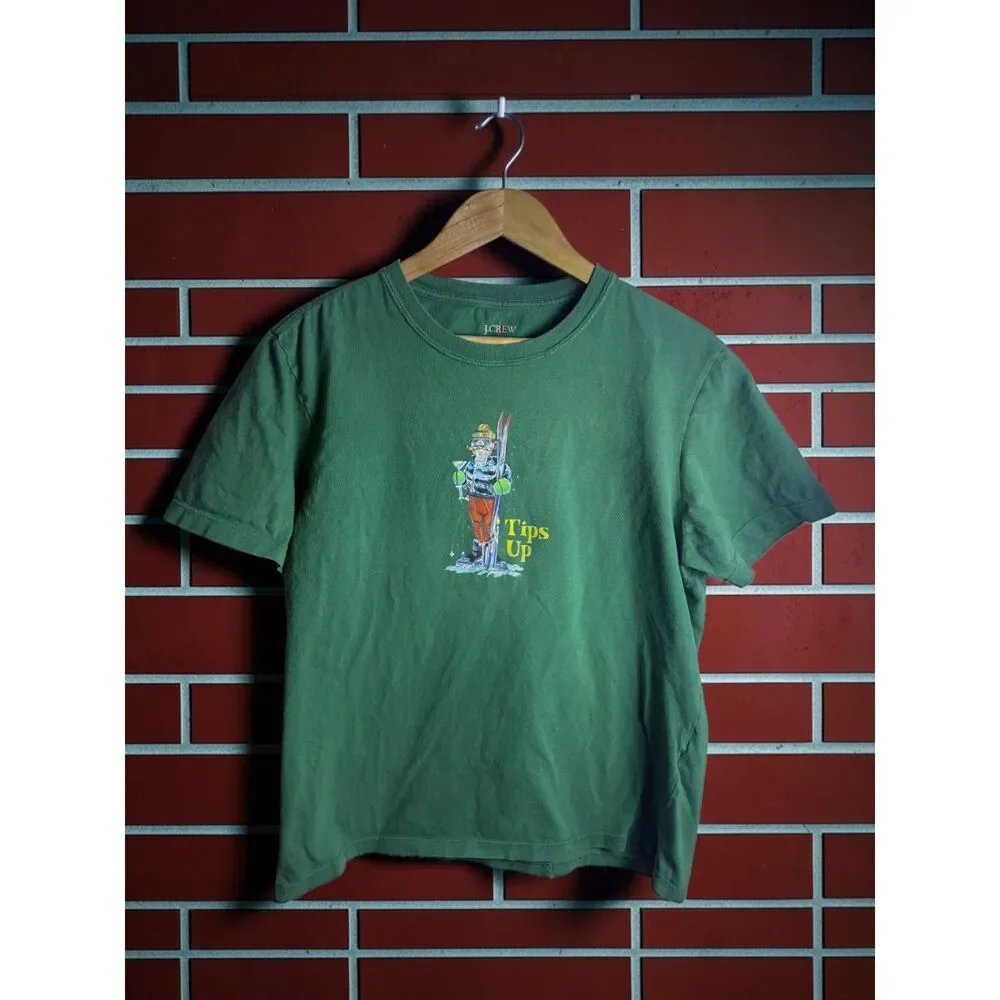 J.Crew Tips Up Ski Graphic Green T-Shirt Made in USA Medium